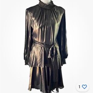NWT Alex Marie Metalllic Black/Gold Foil Shimmer High Neck Belted Dress Ruffle